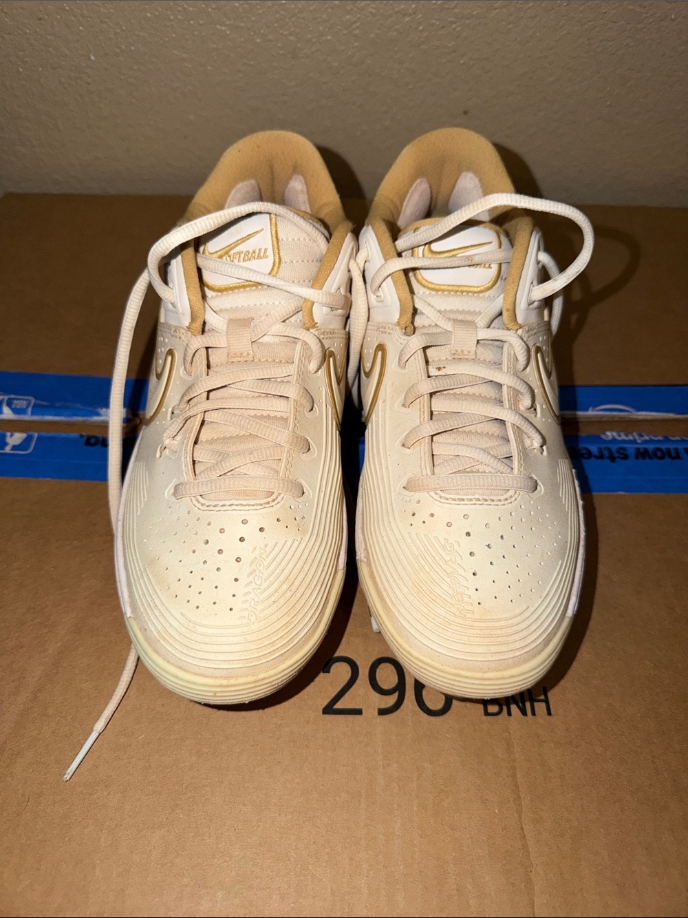 White Nike Softball Cleats with Gold Bottom - Metal - Woman’s size 9